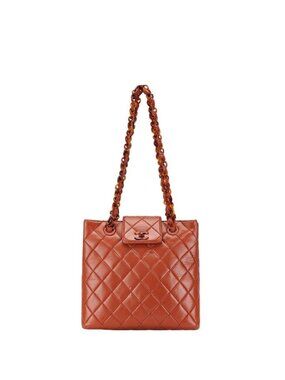 Chanel Quilted CC Logo Platinum Shoulder Bag Orange Brown Lambskin
